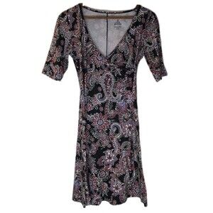 PrAna Sz S Faux Wrap Paisley Multi Color Dress 3/4 Sleeve Midi Yoga Outdoors